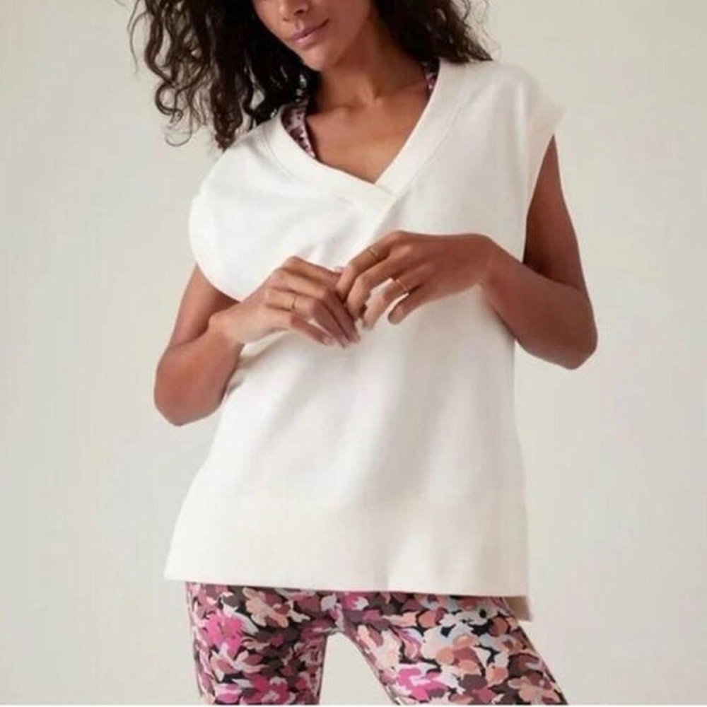 Athleta White Retroterry Sleeveless V-Neck Sweatshirt | Small